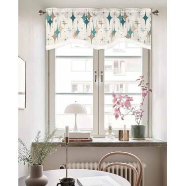 Imagem de Cortina de janela verde marrom geométrico boêmio sanefas para janelas de cozinha, saia recortada com borla, cortinas curtas vintage de meados do século, sanefas com bolso de haste para quarto 137 x 45