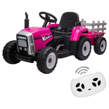 Imagem de Trator Elétrico Infantil 12V com Reboque, Carro de Passeio para Crianças com Controle Remoto, Faróis de LED, MP3 e USB - 3 a 6 Anos, Rosa