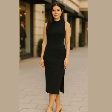 Imagem de Vestido Midi Canelado Com Gola Alta e Fenda - Cativa, G, Preto