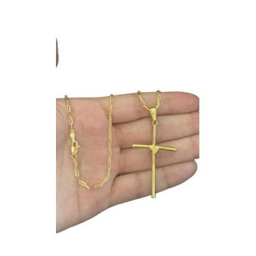 Imagem de Cordão Cad Alongado 1mm + Pingente Cruz Fio - Banhado A Ouro - ToJoia1