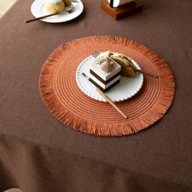 Imagem de Jogo americano de tecido redondo para mesa de jantar, jogo americano de juta natural com borlas, tapetes de mesa trançados boêmios, casas de fazenda, resistentes ao calor, para uso interno e externo