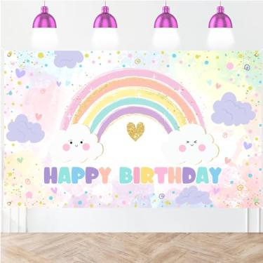 Imagem de Pano de fundo de aniversário arco-íris para meninas, arco-íris pastel, decoração de festa de feliz aniversário, faixa colorida com bolinhas borrifadas para meninas, 177 x 109 cm