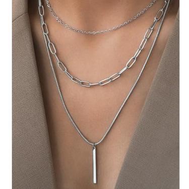 Imagem de Colar Boho em camadas, prata, corrente fina, clipe de papel, colar de corrente vertical, pingente de barra vertical, simples, longo, multicamadas, vintage, retrô, acessórios de joias de praia