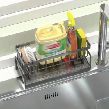 Imagem de Suporte de esponja de aço inoxidável com rack de armazenamento de pia de cozinha organizador de bancada para panos de prato escovas de sabão economia de espaço rack de cozinha - cinza