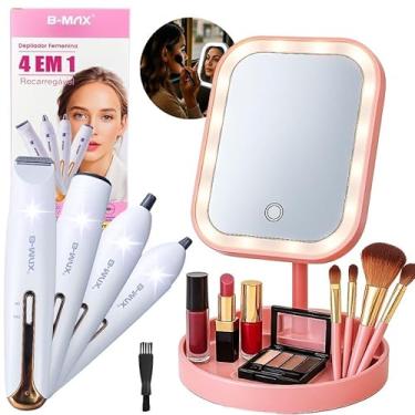 Imagem de Kit Espelho LED Maquiagem com Luz Ajustável Bateria Recarregável Porta Pincéis Aparador de Pelos Facial Corporal USB Portátil Luz Fria Natural Quente Beleza Feminina (ROSA)
