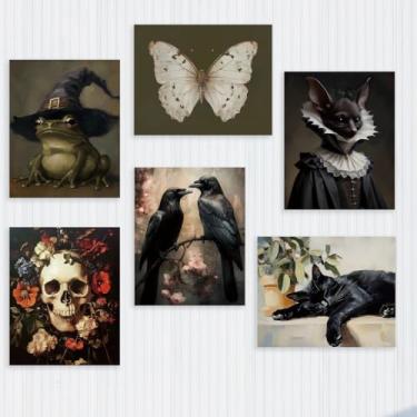 Imagem de 6 peças de impressões góticas de arte de parede, decoração Dark Academia, Cottagecore caveira corvo gato morcego decoração de parede pôster pintura gótica para cozinha, apartamento, sala de estar
