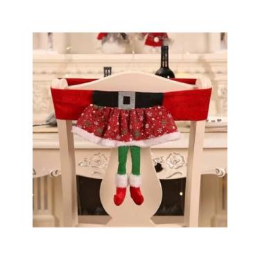 Imagem de 1 capa de cadeira de Natal, saia vermelha, estilo pernas longas, atmosfera festiva, mesa de jantar, decoração de casa