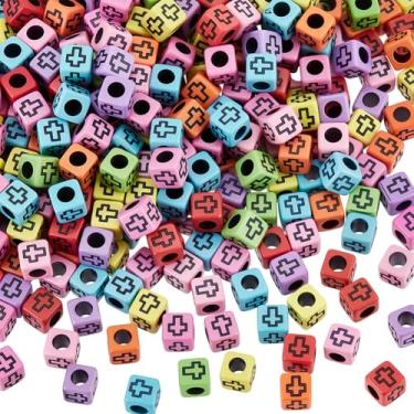 Imagem de SUNNYCLUE 1 caixa 900 peças de contas cruzadas de acrílico quadradas contas de acrílico Páscoa cor aleatória cubo de plástico rosário crucifixo espaçadores soltos contas a granel para fabricação de