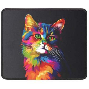 Imagem de Tapete de rato colorido de gato com arte pop para jogadores, tapete de rato felino abstrato fofo base antiderrapante, presente para amantes de gatos arco-íris