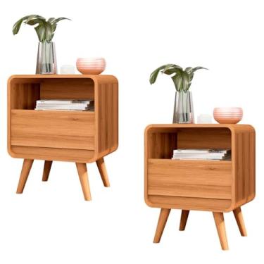 Imagem de Kit 2 Mesas de Cabeceira Retrô com Gaveta - Design com Curvatura C e Pés em Madeira Maciça(Nature)