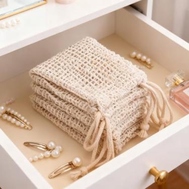 Imagem de Bolsa de sabonete esfoliante de sisal natural com cordão para espuma e secagem com 5 peças