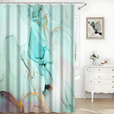 Imagem de TTQYFNM Cortina de chuveiro turquesa moderna azul-petróleo arte abstrata arte de banheiro cortina de banheiro lavável na máquina tecido poliéster conjunto com gancho para decoração de casa de banho