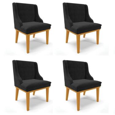 Imagem de Kit 4 Cadeiras Estofadas Para Sala De Jantar Base Fixa De Madeira Castanho Lia Suede Preto - Ibiza