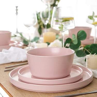 Imagem de AmorArc Conjuntos de louça de cerâmica com 4, conjuntos modernos de pratos e tigelas de grés planos, resistente a lascas e rachaduras | Conjunto de pratos seguros para lava-louças e micro-ondas, resistente a arranhões - Serviço para 4 (12 peças) - Rosa fosco