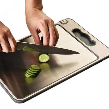 Imagem de Tábua de Corte Cortar Carne Placa Dupla Face Higiênica em Aço Inox e PP com Afiador e Alça