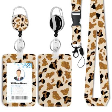 Imagem de Porta-crachá de identificação com estampa de leopardo dourado marrom e cordão retrátil resistente - chaveiro mosquetão giratório de 360° para mulheres, estudantes, professores, enfermeiros, uso no