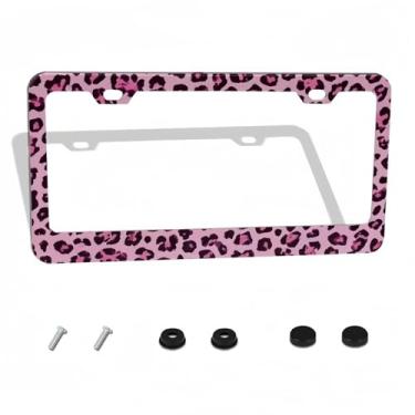 Imagem de Moldura de placa de licença com estampa de leopardo e chita rosa - Suporte de placa de licença com design de animal selvagem, capa de alumínio elegante para etiqueta de carro frontal/traseira com