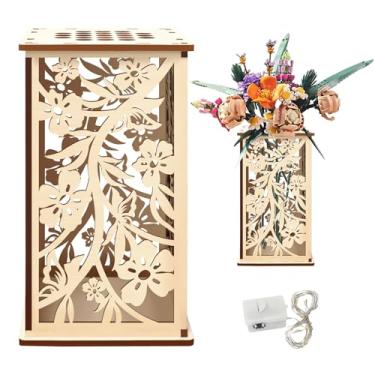 Imagem de KOYILTD Vaso de madeira para flores Lego com estampa de flor vazada, inclui cordão de luzes LED USB, suporte de exibição artística e peça central decorativa, presente para amantes de flores e fãs de