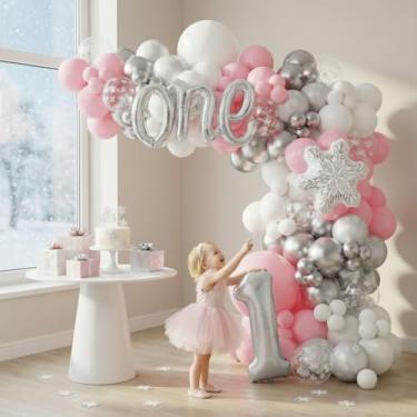 Imagem de Kit de arco de guirlanda de balão rosa do país das maravilhas do inverno, 135 peças, rosa, branco, inverno, Onederland, primeiro aniversário, flocos de neve, balões para um pouco de floco de neve está