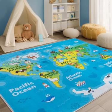 Imagem de OHDS Kids Playroom Rug, 9x12ft World Map Play Mat with Cute Animals, Washable Durable Soft Carpet Kid Educational Rugs for Boys Girls Bedroom Nursery Classroom