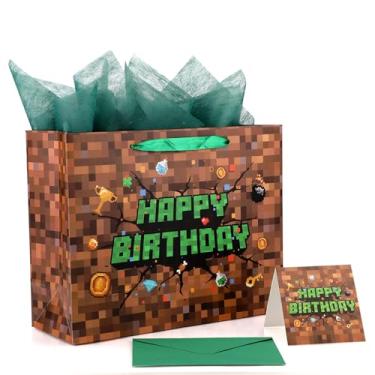 Imagem de Sacola de Presente Aniversário Pixel, Tema de Videogame Sacola Lembrancinha para Festa com Cartão Felicitações e Envelope para Aniversário Feriado Decoração Artigos Festa