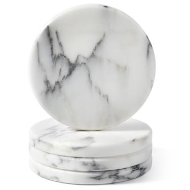 Imagem de Koville Conjunto de 4 porta-copos de mármore, porta-copos redondos, porta-copos de pedra de 10 cm para bebidas e café, porta-copos de mármore para decoração de bar de mesa de café, resistente ao calor
