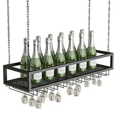 Imagem de Bar rack de vinho restaurante rack de garrafa de vinho preto, corrente de ferro de metal pendurado suporte de garrafa de vinho decoração de teto prateleiras de armazenamento (tamanho: 140 x 25 x 21 cm
