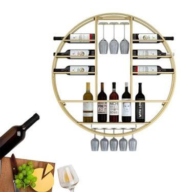 Imagem de Prateleiras de bar de metal para vinho prateleira de exibição de garrafa de licor montada na parede com rack de copo de vinho, minibar, armário de álcool redondo para cozinha, sala de jantar, bar de