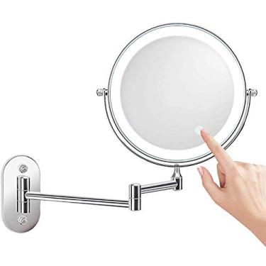 Imagem de Espelho de aumento com luz 10x grande montado na parede LED espelho de barbear espelho de maquiagem giratório dupla face espelho de maquiagem com botão de toque luz ajustável espelho de maquiagem