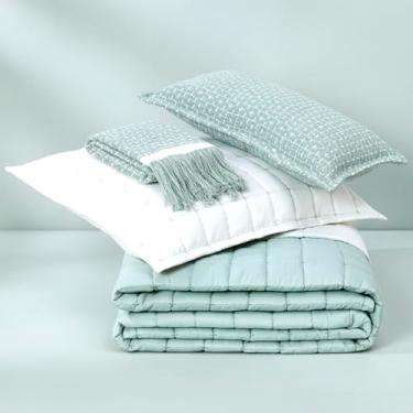 Imagem de Kit Enxoval Colcha Cobreleito King Dupla Face Lavive Diana Percal 200 Fios Peseira Almofada 5 Peças (Verde Malva)