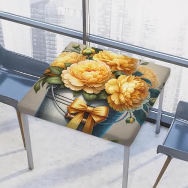 Imagem de hongjinglin Toalha de mesa quadrada para uso externo com borda elástica, toalha de mesa quadrada com flores limpáveis, douradas, para decoração de cozinha de 117 x 117 cm
