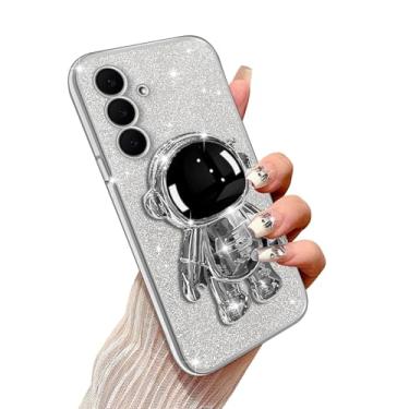 Imagem de Annyojo Capa para celular Galaxy S25 FE com suporte de astronauta e cordão - Capa protetora feminina com glitter brilhante para Samsung S25 FE, glitter gradiente transparente - prata