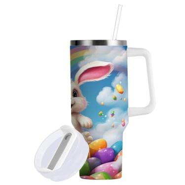 Imagem de Blueangle Copo de coelho da Páscoa arco-íris de 850 g com alça e tampa de palha, copo isolado, reutilizável, garrafa de água de aço inoxidável, caneca de viagem (162)