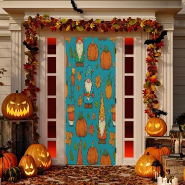 Imagem de ATTX Capa de porta da frente de gnomos de outono - decoração de férias de tecido elástico lavável para festas, casa, decoração de porta da frente, 91 x 242 cm (550)