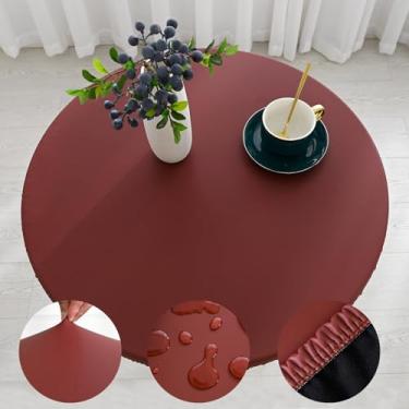 Imagem de vctops Capa de mesa redonda de couro PU 100% à prova d'água, à prova de óleo, toalha de mesa elástica, à prova de vento, lavável à prova de vento, protetor de mesa para piquenique, acampamento, ao ar