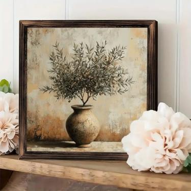 Imagem de Placa de parede emoldurada vintage rústica - vaso de ramo de oliveira textura natureza morta decoração de mesa 20 x 20 cm - presentes para fazenda, cafés, lojas, quarto, banheiro, casa e escritório