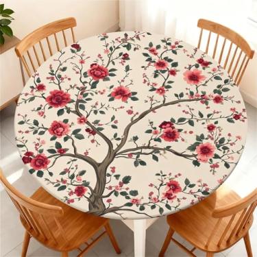 Imagem de COTAIL Toalha de mesa redonda à prova d'água com borda elástica, capa de mesa redonda ajustável e limpa para mesas de verão de até 94 a 112 cm para festas de piquenique na cozinha, árvore floral