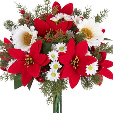 Imagem de GYWJJ Flores artificiais de Natal, buquê de poinsétias vermelhas com girassóis brancos, 32 cm, arranjos florais de Natal, flores de inverno, para casa, cozinha, lareira, vaso, decoração de árvore de