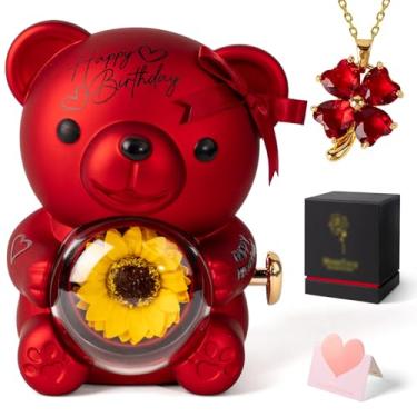 Imagem de mountova Linda caixa de joias de ursinho de pelúcia, design giratório, girassol artificial em caixa de presente de urso, colar de trevo de quatro folhas, presente de feliz aniversário para mulheres