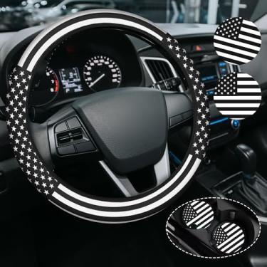 Imagem de Capa de volante preta com bandeira americana para mulheres e homens, acessórios antiderrapantes de neoprene de alta elasticidade, capas de volante, universal de 38 cm para carros, SUVS, inclui 2