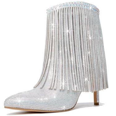 Imagem de RONILURN Botas femininas de strass com glitter, bico fino, com franja, bico fino, zíper lateral, moda para festas, elegantes botas de salto alto stiletto para mulheres, Prata, 35