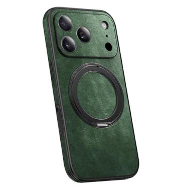 Imagem de POYUFRG Capa magnética para iPhone 17 Pro Max/17 Pro/17 Air/17, capa de couro genuíno retrô fina com suporte de anel e capa de proteção para câmera, verde, 17 ProMax