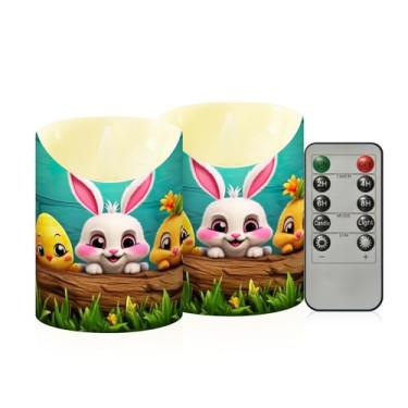 Imagem de Wassud Pacote com 2 velas sem chama de coelho e quatro ovos com controle remoto, velas realistas cintilantes com temporizador, velas decorativas para Natal, casamento, festa, decoração de casa pequena