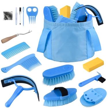 Imagem de TERPUP Kit de cuidados para cavalos, conjunto de 13 escovas para cavalos com bolsa organizadora, kit de trança de juba, escovas e pente de curry para cuidados eficazes, conjunto de suprimentos ideal