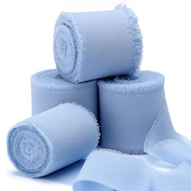 Imagem de EUSOAR Fita de chiffon, 4 rolos de 3,8 cm x 5,5 m cada fita de chiffon de cetim com bordas desgastadas azuis, fitas de seda feitas à mão para artesanato, casamento, buquês de flores, convites