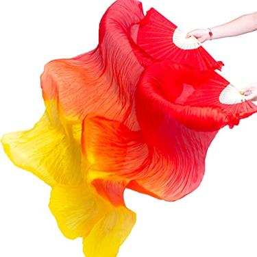 Imagem de FJYIRI 1 par (Esquerda + Direita) Véus de leque longo de seda real para dança do ventre (amarelo gradual)