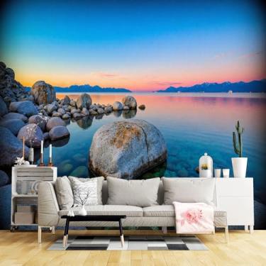 Imagem de Murais de parede de tamanho personalizado, costeiro lago crepúsculo pedras lisas céu refletido tecido de parede autoadesivo (sem PVC) papel de parede grande removível para sala de estar, quarto