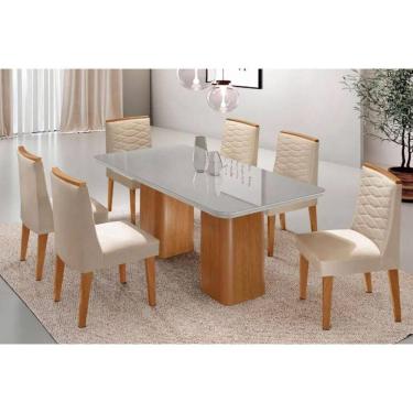 Imagem de Sala Jantar Mesa Maldivas Tampo c/ Vidro Curvo 180cm+6 Cadeiras Maldivas Madeira Naturale/Off White - Capuccino/Suede Creme - Rufato