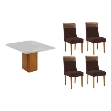 Imagem de Sala Jantar Mesa Maldivas Tampo c/ Vidro Curvo 90cm+4 Cadeiras Jaspe Madeira Naturale/Off White - Capuccino/Suede Marrom - Rufato
