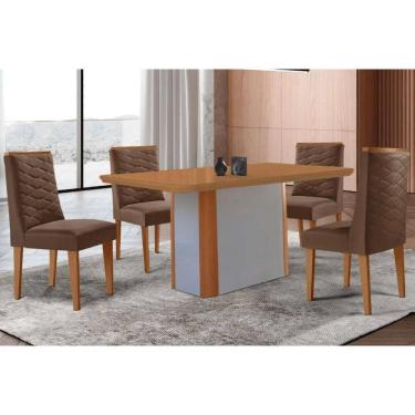 Imagem de Sala Jantar Mesa Pietá Tampo Curvo 120cm+4 Cadeiras Dafne Madeira Naturale/Off White - Capuccino/Suede Marrom - Rufato